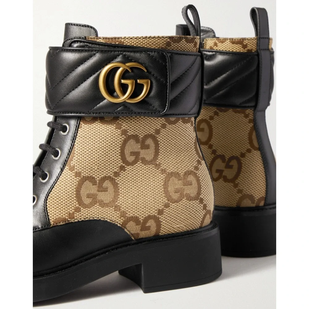 Gucci Marmont Black Leather Beige GG Coated Canvas Logo Print Combat Boots 38